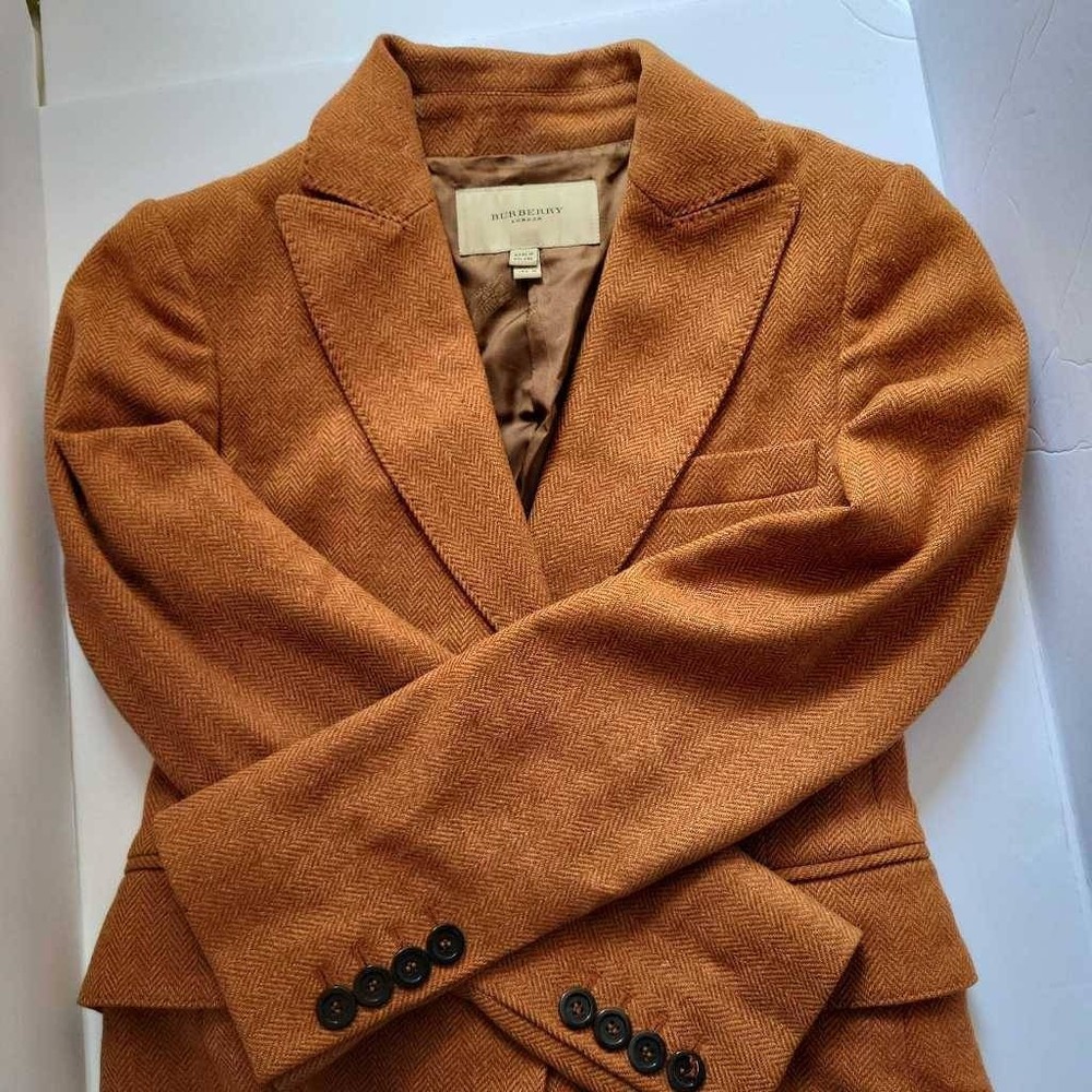 Burberry Womens Blazer Jacket Orange Tweed Buttons Pockets Wool Collar L…
